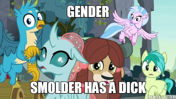 Size: 600x337 | Tagged: suggestive, derpibooru import, edit, edited screencap, screencap, gallus, ocellus, sandbar, silverstream, yona, changedling, changeling, classical hippogriff, gryphon, hippogriff, pony, yak, school daze, caption, image macro, implied futa, implied penis, implied smolder, meme, text