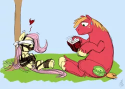 Size: 930x661 | Tagged: suggestive, artist:carnifex, color edit, derpibooru import, edit, big macintosh, fluttershy, earth pony, pegasus, pony, bit gag, blindfold, bondage, book, bound wings, colored, colored sketch, female, femsub, floating heart, fluttermac, fluttersub, frown, gag, heart, hoof hold, male, maledom, mare, noob, on back, reading, rope, rope bondage, shipping, sitting, sketch, stallion, straight, submissive, sweat, sweatdrop, wide eyes, wings