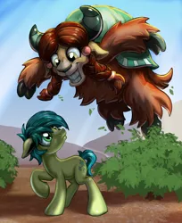 Size: 2932x3600 | Tagged: safe, artist:harwick, derpibooru import, sandbar, yona, earth pony, pony, yak, cloven hooves, dogpile, duo, female, floppy ears, glomp, grin, male, meme, raised hoof, shipping, smiling, straight, teenager, this will end in pain, this will not end well, yonabar