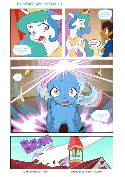 Size: 6197x8760 | Tagged: safe, artist:jeremy3, derpibooru import, princess celestia, trixie, oc, oc:miss becky, alicorn, earth pony, pony, comic:everfree, comic:everfree my friend, asking for it, blast, cast, clothes, comic, energy blast, idiot ball, magic, magic beam, magic blast, school