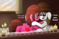 Size: 4300x2880 | Tagged: safe, artist:aarondrawsarts, derpibooru import, oc, oc:brain teaser, oc:rose bloom, pony, bath, bathing together, bathtub, bedroom eyes, boop, brainbloom, butt, candle, chest fluff, couple, dialogue, ear down, female, floppy ears, hearts and hooves day, holiday, male, mare, noseboop, oc x oc, plot, romantic, rose petals, shipping, steam, straight, valentine's day, wet, wet mane
