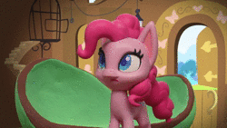 Size: 1920x1080 | Tagged: safe, derpibooru import, screencap, pinkie pie, butterfly, earth pony, pony, my little pony: pony life, my little pony: stop motion short, valentine's day card (short), animated, box, fluttershy's cottage, happy, hoof rubbing, looking around, looking at something, smiling, solo, sound, sparkles, stop motion, sunburst background, webm