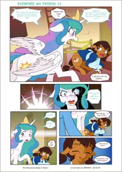 Size: 6197x8760 | Tagged: safe, artist:jeremy3, derpibooru import, princess celestia, oc, oc:miss becky, alicorn, earth pony, pony, comic:everfree, comic:everfree my friend, cast, clothes, comic, crying, school