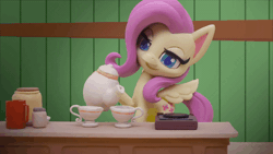 Size: 800x450 | Tagged: safe, derpibooru import, screencap, fluttershy, pegasus, pony, my little pony: pony life, my little pony: stop motion short, valentine's day card (short), animated, blinking, cup, food, gif, solo, stop motion, surprised, table, tea, teapot, wings