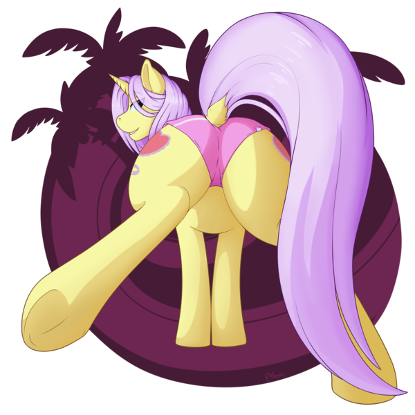 Size: 3000x3000 | Tagged: suggestive, artist:ailoy4, deleted from derpibooru, derpibooru import, lily lace, pony, unicorn, both cutie marks, butt, clothes, dock, female, frog (hoof), lip bite, looking back, mare, palm tree, raised hoof, raised tail, rear view, simple background, solo, solo female, tail, transparent background, tree, underhoof