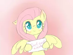 Size: 1024x768 | Tagged: safe, artist:bae-mon, derpibooru import, fluttershy, pegasus, pony, blushing, bust, colored pupils, cute, ear down, female, full face view, get well soon, heart, hoof hold, looking at you, mare, note, pink background, shyabetes, simple background, smiling, solo, spread wings, wings
