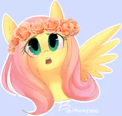 Size: 290x277 | Tagged: safe, artist:bae-mon, derpibooru import, fluttershy, pegasus, pony, blue background, bust, cute, eye clipping through hair, female, floral head wreath, flower, full face view, looking up, mare, open mouth, outline, portrait, shyabetes, simple background, solo, spread wings, white outline, wings