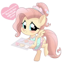 Size: 1024x1024 | Tagged: safe, artist:mimijuliane, derpibooru import, fluttershy, pegasus, pony, alternate hairstyle, apron, baking sheet, baking tray, bipedal, blushing, clothes, cookie, cute, female, food, hair bun, hearts and hooves day, hearts and hooves day cards, holding, holiday, looking at you, mare, outline, shyabetes, simple background, smiling, solo, spread wings, three quarter view, transparent background, valentine's day, white outline, wings