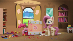 Size: 800x450 | Tagged: safe, derpibooru import, screencap, fluttershy, pinkie pie, earth pony, pegasus, pony, my little pony: pony life, my little pony: stop motion short, valentine's day card (short), animated, box, female, fluttershy's cottage, gif, implied flutterpie, messy, paper, shelves, smiling