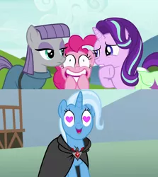 Size: 1280x1436 | Tagged: safe, derpibooru import, edit, edited screencap, screencap, maud pie, pinkie pie, starlight glimmer, trixie, pony, magic duel, rock solid friendship, alicorn amulet, bag, female, heart eyes, lesbian, mauxie, saddle bag, shipping, shipping domino, startrix, trixie gets all the mares, trixiepie, wingding eyes