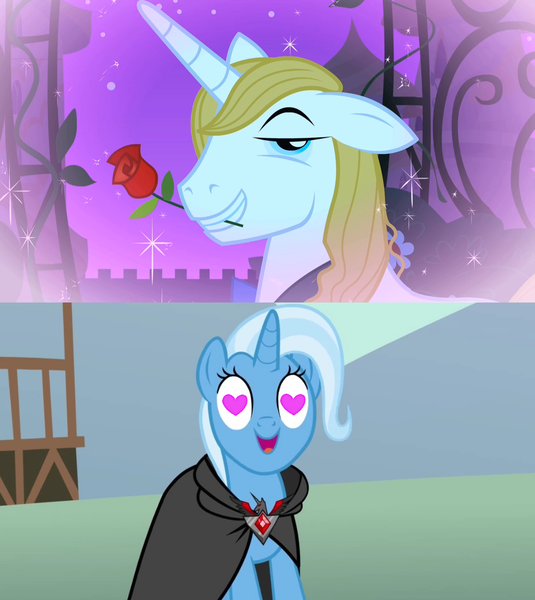 Size: 1280x1436 | Tagged: safe, derpibooru import, edit, edited screencap, screencap, prince blueblood, trixie, pony, magic duel, the best night ever, alicorn amulet, bluetrix, female, heart eyes, male, shipping, shipping domino, straight, wingding eyes