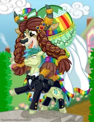 Size: 720x937 | Tagged: safe, artist:texasuberalles, derpibooru import, sandbar, yona, earth pony, pony, yak, braid, clothes, cloven hooves, colored hooves, cross-popping veins, dress, female, hat, horn, horn jewelry, jewelry, male, older, older sandbar, older yona, shipping, smiling, stallion, straight, sweat, this will end in broken back, this will end in snu snu, this will end with broken spine, tuxedo, vein bulge, wedding dress, yaks riding ponies, yonabar