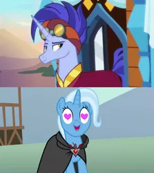 Size: 1280x1436 | Tagged: safe, derpibooru import, edit, edited screencap, screencap, hoo'far, trixie, pony, magic duel, road to friendship, alicorn amulet, female, heart eyes, male, shipping, shipping domino, straight, trixfar, wingding eyes