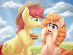 Size: 1024x768 | Tagged: safe, artist:novaintellus, derpibooru import, bright mac, pear butter, earth pony, pony, apple, apple pie, brightabetes, brightbutter, cute, female, food, male, mare, mouth hold, pearabetes, picnic, pie, scenery, shipping, sitting, smiling, stallion, straight