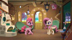 Size: 1920x1080 | Tagged: safe, derpibooru import, screencap, fluttershy, pinkie pie, butterfly, earth pony, pegasus, pony, my little pony: pony life, my little pony: stop motion short, valentine's day card (short), animated, box, fluttershy's cottage, happy, hoof rubbing, looking around, looking at something, smiling, solo, sound, sparkles, stop motion, sunburst background, webm