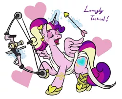 Size: 810x657 | Tagged: safe, artist:jargon scott, derpibooru import, princess cadance, alicorn, pony, alternate hairstyle, arrow, clothes, compound bow, cupid, cupidance, eyes closed, female, holiday, lipstick, mare, open mouth, princess of love, solo, this will end in death, this will end in tears, this will end in tears and/or death, toga, valentine's day