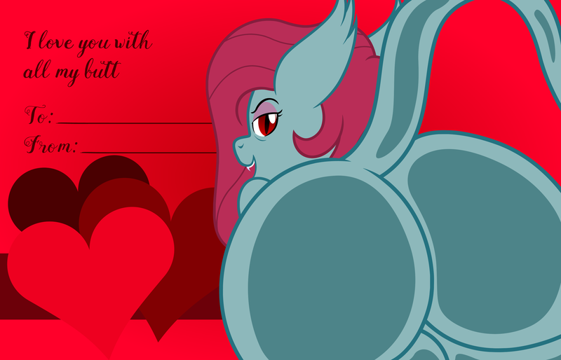 Size: 3156x2028 | Tagged: suggestive, artist:badumsquish, derpibooru import, oc, unofficial characters only, bat pony, batibat, demon, monster pony, original species, pony, against glass, butt, butt squish, fangs, fat, glass, grin, heart, holiday, looking at you, looking back, plot, smiling, solo, thick, valentine, valentine's day, valentine's day card