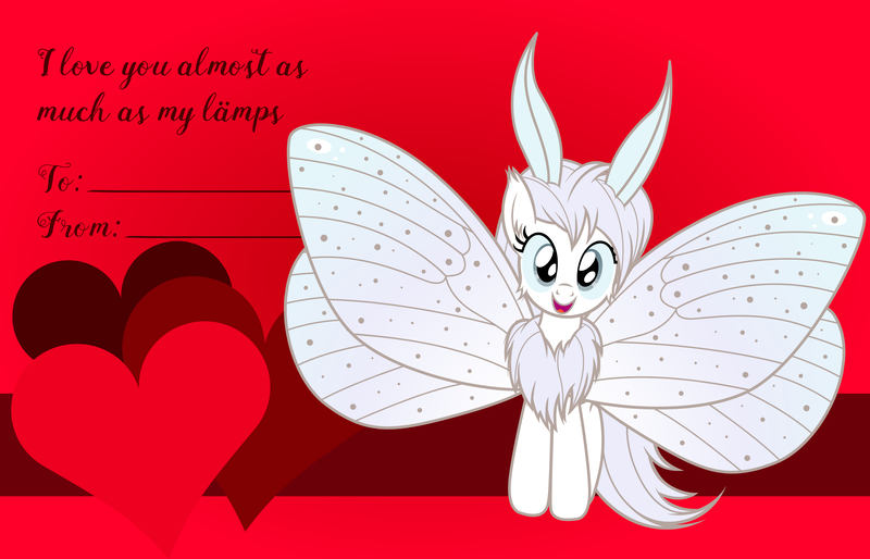 Size: 3156x2028 | Tagged: safe, artist:badumsquish, derpibooru import, oc, oc:flūf, unofficial characters only, insect, moth, mothpony, original species, pony, antennae, cheek fluff, chest fluff, cute, female, fluffy, flying, heart, holiday, looking at you, neck fluff, ocbetes, smiling, solo, spread wings, valentine, valentine's day, valentine's day card, weapons-grade cute, wings