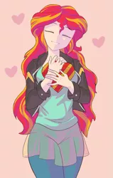 Size: 687x1080 | Tagged: safe, artist:thebrokencog, derpibooru import, sunset shimmer, human, equestria girls, box of chocolates, cute, eyes closed, female, heart, holiday, human coloration, humanized, pink background, shimmerbetes, simple background, smiling, solo, valentine's day