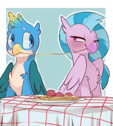 Size: 1800x2000 | Tagged: safe, artist:elijah, deleted from derpibooru, derpibooru import, gallus, silverstream, gryphon, hippogriff, beak, bedroom eyes, blushing, chest fluff, cute, eye contact, female, food, frown, gallstream, lady and the tramp, looking at each other, male, meatballs, nervous, noodles, pasta, shipping, shoulder fluff, sideways glance, sitting, smiling, spaghetti, spaghetti scene, straight, table, this will end in kisses, this will end in snu snu, wide eyes, wings, worried