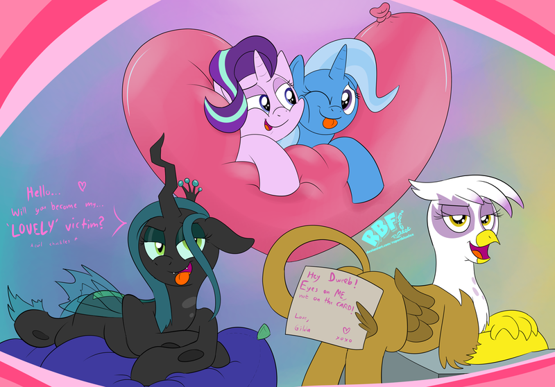 Size: 4943x3445 | Tagged: safe, artist:rupertbluefox, derpibooru import, gilda, queen chrysalis, starlight glimmer, trixie, abstract background, balloon, butt, card, cheek squish, color porn, cute, cutealis, dialogue, dweeb, gildadorable, heart, heart balloon, hearts and hooves day, lying down, pillow, pink, plot, prehensile tail, prone, squished, squishy cheeks, strategically covered, tail hold, tongue out