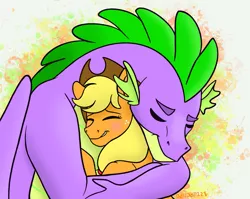 Size: 3197x2541 | Tagged: safe, artist:bellbell123, derpibooru import, applejack, spike, dragon, earth pony, pony, applespike, blushing, cute, eyes closed, female, high res, hug, jackabetes, male, mare, older, older spike, shipping, smiling, spikabetes, straight, winged spike