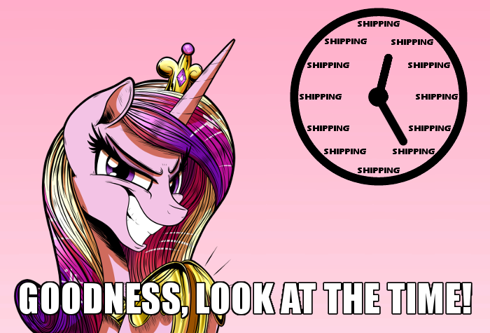 Size: 700x475 | Tagged: safe, artist:gray--day, derpibooru import, princess cadance, alicorn, pony, caption, evil grin, female, grin, image macro, imminent shipping, look at the time, mare, meme, oh crap, princess of love, princess of shipping, run, run for your lives, shipper on deck, simple background, slasher smile, smiling, solo, text, with great power comes great shipping