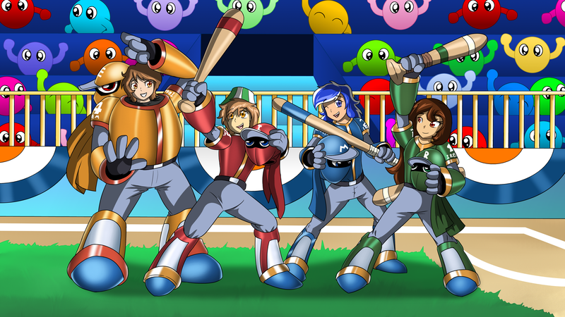 Size: 3265x1837 | Tagged: artist:naughtycatnick, baseball bat, clothes, cosplay, costume, derpibooru import, human, humanized, humanized oc, ninja baseball batman, oc, oc:ferb fletcher, oc:frost d. tart, oc:golden lily, oc:zipper zest, one eye closed, pose, safe, stadium, unofficial characters only, video game, wink