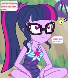 Size: 653x748 | Tagged: safe, derpibooru import, edit, edited screencap, editor:thomasfan45, screencap, sci-twi, twilight sparkle, human, equestria girls, equestria girls series, forgotten friendship, 1000 hours in ms paint, beach, clothes, cropped, crossed legs, cute, description is relevant, female, geode of telekinesis, hypno eyes, hypnosis, hypnotized, implied sunset shimmer, legs, looking up, magical geodes, mental shift, offscreen character, one-piece swimsuit, pendulum swing, pocket watch, sexy, sitting, smiling, solo, speech bubble, story included, swimsuit, twiabetes
