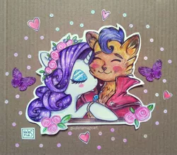 Size: 3556x3118 | Tagged: safe, artist:valeriamagicart, derpibooru import, capper dapperpaws, rarity, anthro, butterfly, unicorn, my little pony: the movie, blushing, bust, capperbetes, capperity, colored pencil drawing, cute, diamond, eyes closed, female, floral head wreath, flower, flower in hair, heart, high res, hoof ring, hug, jewelry, male, mare, portrait, raribetes, ring, shipping, smiling, straight, traditional art