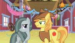Size: 2064x1183 | Tagged: safe, derpibooru import, braeburn, marble pie, pony, barn, braeble, brokeback mountain, dancing, female, hearts and hooves day, holiday, looking at each other, lyrics in the description, male, movie reference, party, shipping, smiling, song reference, straight, valentine's day, youtube link, youtube link in the description