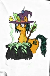 Size: 2450x3746 | Tagged: safe, artist:friendcelestia, derpibooru import, oc, oc:hazel, oc:witch hazel, unofficial characters only, unicorn, brew, candy, cauldron, colored, food, gingerbread witch, peep, sketch, solo, traditional art, witch