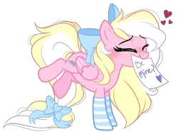 Size: 4223x3195 | Tagged: safe, artist:emberslament, derpibooru import, oc, oc:bay breeze, unofficial characters only, pegasus, pony, blushing, bow, clothes, cute, eyes closed, female, hair bow, mare, mouth hold, ocbetes, simple background, socks, striped socks, tail bow, transparent background