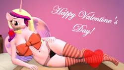 Size: 1899x1080 | Tagged: 3d, anthro, artist:papadragon69, bed, bow, breasts, busty princess cadance, clothes, derpibooru import, draw me like one of your french girls, female, flower, flower in mouth, heart, hearts and hooves day, holiday, milf, mouth hold, panties, plantigrade anthro, pose, princess cadance, ribbon, rose, rose in mouth, sexy, socks, solo, source filmmaker, striped socks, suggestive, underwear, valentine's day