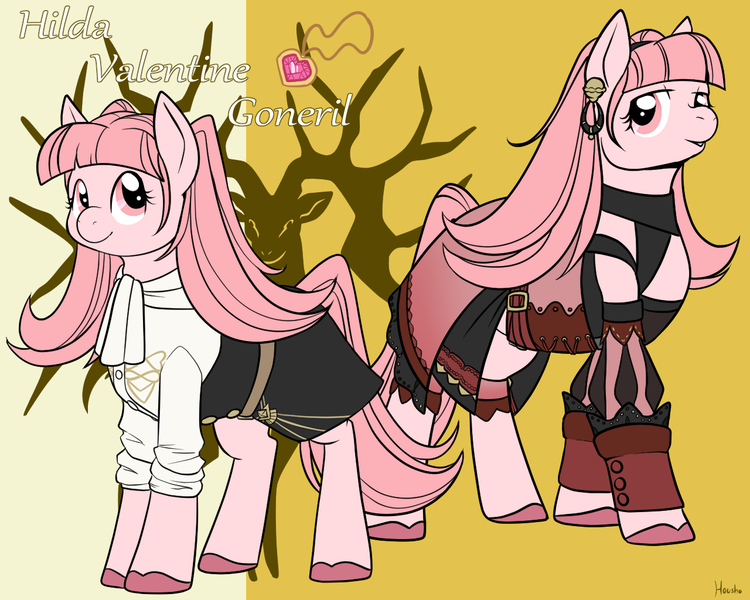 Size: 1280x1024 | Tagged: safe, artist:housho, derpibooru import, ponified, earth pony, pony, clothes, ear piercing, earring, female, fire emblem, fire emblem: three houses, hilda valentine goneril, jewelry, mare, piercing, pigtails, twintails