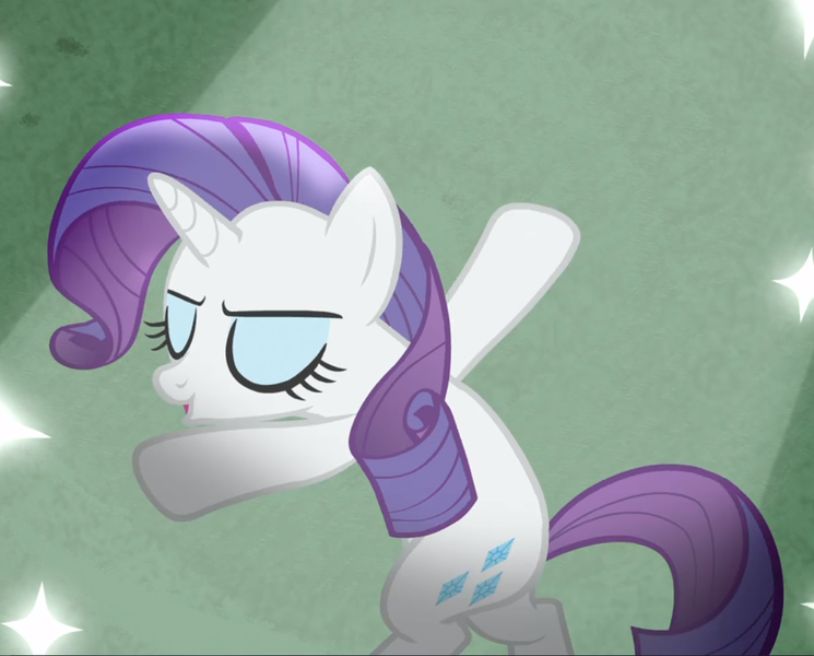 Size: 1160x934 | Tagged: safe, derpibooru import, screencap, rarity, pony, unicorn, fake it 'til you make it, bipedal, cropped, eyes closed, pose, solo