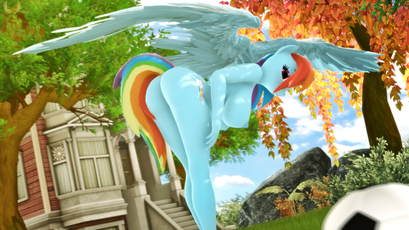 Size: 3840x2160 | Tagged: 3d, anthro, artist:loveslove, ass, breasts, busty rainbow dash, butt, derpibooru import, football, nipples, nudity, questionable, rainbow dash, rainbutt dash, sexy, solo, source filmmaker, sports, stupid sexy rainbow dash, tree