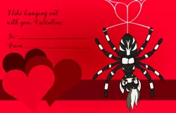 Size: 3156x2028 | Tagged: safe, artist:badumsquish, derpibooru import, oc, unofficial characters only, hybrid, monster pony, original species, spider, spiderpony, zebra, zebra spider, hanging, hanging upside down, heart, holiday, image, looking at you, male, png, pun, smiling, solo, spider web, upside down, valentine, valentine's day, valentine's day card, visual pun