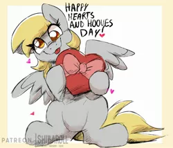 Size: 2475x2115 | Tagged: safe, artist:shibaroll, deleted from derpibooru, derpibooru import, derpy hooves, pegasus, pony, :p, bow, cute, derpabetes, female, heart, high res, holiday, looking at you, mare, sitting, solo, tongue out, valentine's day