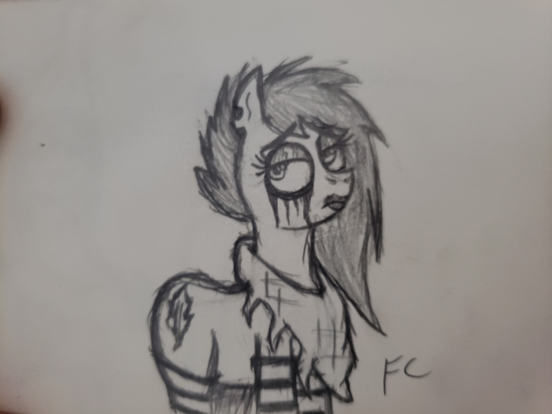 Size: 4032x3024 | Tagged: safe, artist:friendcelestia, derpibooru import, oc, oc:dark shadow, unofficial characters only, earth pony, pony, tails of equestria, black and white, clothes, ear piercing, eyeliner, femboy, grayscale, makeup, male, monochrome, piercing, running makeup, scarf, sketch, socks, solo, stallion, traditional art