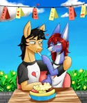 Size: 1600x1900 | Tagged: safe, artist:zachc, derpibooru import, oc, unofficial characters only, original species, pony, shark, shark pony, clothes, couple, decoration, eating, female, food, hearts and hooves day, ice cream, male