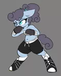 Size: 595x749 | Tagged: safe, artist:lockheart, derpibooru import, oc, oc:polly poppyseed, unofficial characters only, earth pony, semi-anthro, belly button, boxing, boxing gloves, chest wrap, clothes, female, floppy ears, gray background, hoof shoes, mare, one eye closed, shorts, simple background, solo, sports