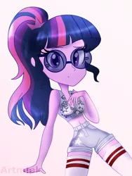 Size: 1800x2400 | Tagged: safe, artist:artmlpk, derpibooru import, sci-twi, twilight sparkle, equestria girls, adorasexy, adorkable, adorkasexy, clothes, cute, denim, denim shorts, digital art, dork, female, glasses, hand on chest, high socks, high waisted shorts, hips, looking at you, midriff, outfit, ponytail, sexy, shorts, socks, solo, sports bra, thigh highs, thighs, tomboy, twiabetes