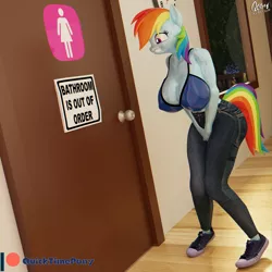 Size: 1920x1920 | Tagged: 3d, anthro, artist:quicktimepony, bathroom, big breasts, blender, bra, breasts, busty rainbow dash, clothes, converse, derpibooru import, desperation, huge breasts, need to pee, omorashi, out of order, pants, potty emergency, potty time, rainbow dash, sexy, shoes, signature, solo, stupid sexy rainbow dash, suggestive, sweat, underwear, window, worried