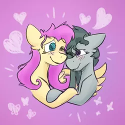 Size: 1000x1000 | Tagged: safe, artist:antimationyt, derpibooru import, fluttershy, marble pie, earth pony, pegasus, pony, blushing, bust, eye contact, female, heart, holding hooves, hug, lesbian, looking at each other, marbleshy, mare, one eye closed, one wing out, shipping, smiling, stray strand, winghug, wings