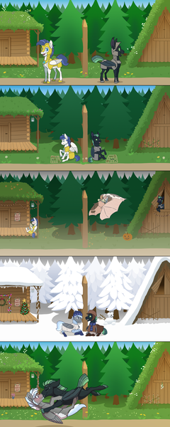 Size: 2000x5000 | Tagged: safe, artist:jackiebloom, derpibooru import, oc, oc:lightning strike, oc:northern skies, unofficial characters only, bat, bat pony, pegasus, pony, christmas, christmas tree, comic, fence, forest, gay, glomp, halloween, high res, holiday, hut, jack-o-lantern, kissing, male, oc x oc, pine tree, prone, pumpkin, royal guard, shipping, snow, sod roof, tree, wing claws