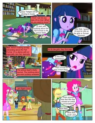 Size: 612x792 | Tagged: safe, artist:greatdinn, artist:newbiespud, derpibooru import, edit, edited screencap, screencap, applejack, pinkie pie, snails, snips, sunset shimmer, twilight sparkle, comic:friendship is dragons, equestria girls, equestria girls (movie), all fours, balloon, book, clipboard, clothes, collaboration, comic, cutie mark, cutie mark on clothes, dialogue, eyes closed, female, gym, hat, library, male, screencap comic, skirt