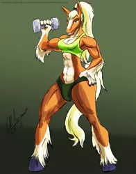 Size: 1006x1280 | Tagged: safe, artist:thebigbadwolf01, derpibooru import, oc, oc:annabelle, unofficial characters only, anthro, earth pony, unguligrade anthro, abs, bra, clothes, dumbbell (object), earth pony oc, female, futa, gradient mane, intersex, muscles, signature, solo, underwear, unshorn fetlocks, weight lifting