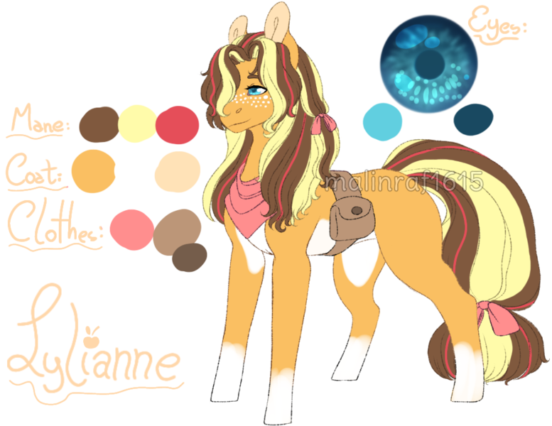 Size: 995x768 | Tagged: safe, artist:malinraf1615, derpibooru import, oc, oc:lylianne, unofficial characters only, earth pony, pony, bow, female, freckles, hair ribbon, mare, neckerchief, next generation, offspring, pale belly, parent:applejack, parent:caramel, parents:carajack, pouch, reference sheet, simple background, socks (coat marking), solo, tail bow, transparent background, watermark