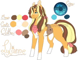 Size: 995x768 | Tagged: safe, artist:malinraf1615, derpibooru import, oc, oc:lylianne, unofficial characters only, earth pony, pony, bow, female, freckles, hair ribbon, mare, neckerchief, next generation, offspring, pale belly, parent:applejack, parent:caramel, parents:carajack, pouch, reference sheet, simple background, socks (coat marking), solo, tail bow, transparent background, watermark